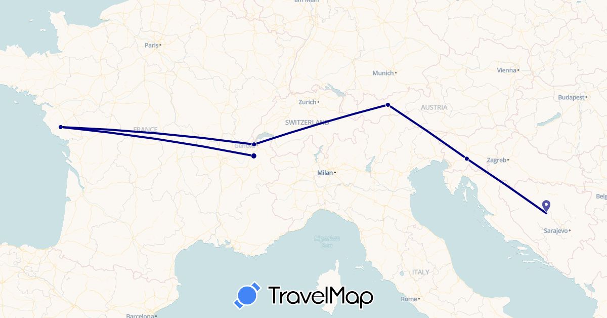 TravelMap itinerary: driving in Austria, Bosnia and Herzegovina, Switzerland, France, Slovenia (Europe)